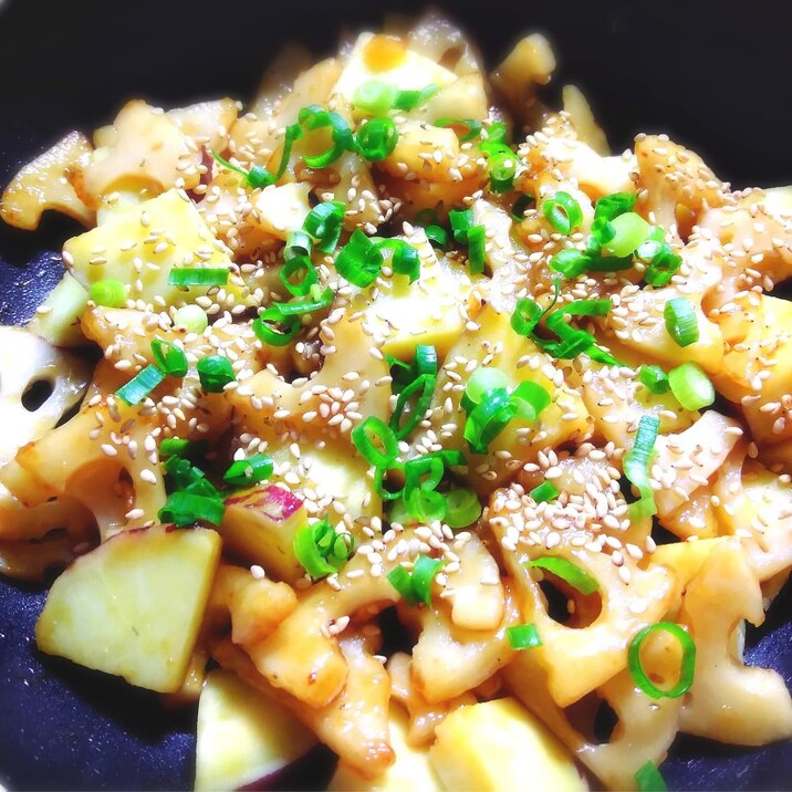 さつまいも・蓮根・鶏肉の照り照り炒め